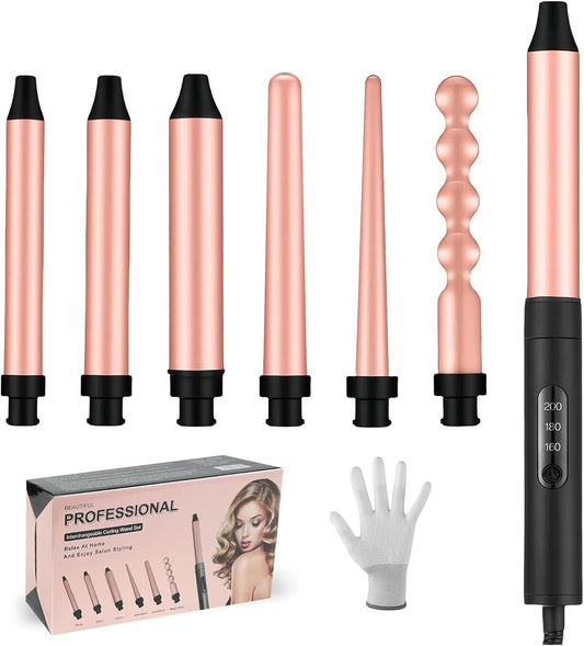 Flintronic Ferro Arricciacapelli Professionale Set, Ferro Arricciacapelli Set 6 in 1, Piastra Arriccia Capelli Ceramica con 5 Ferri di Diverso Diametro, Piastra Capelli Onde - 3 Temperatura Regolabile
