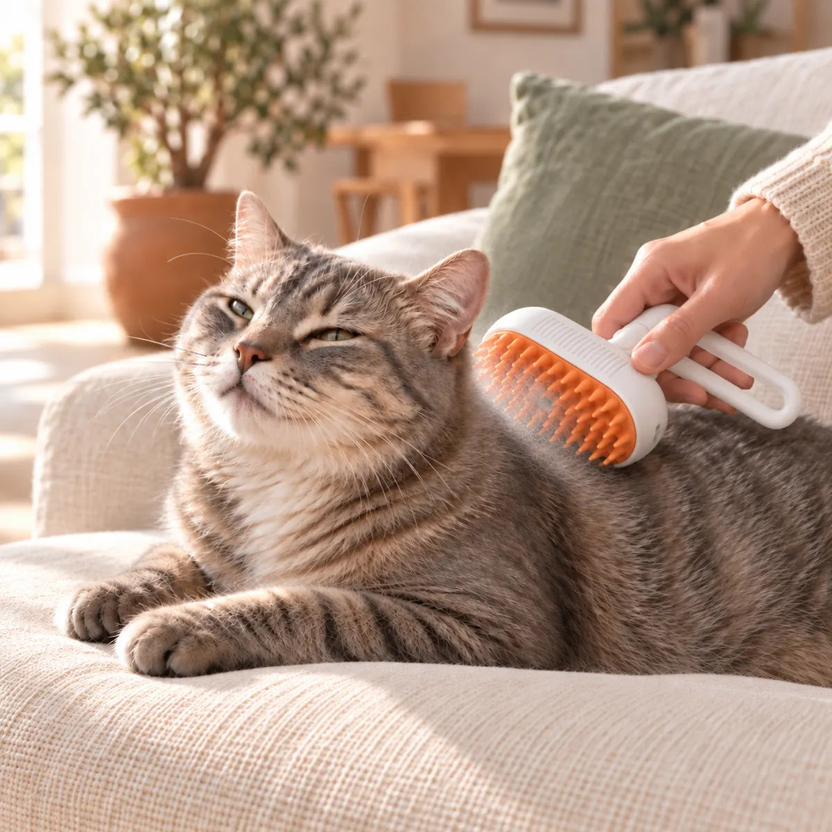 Gatto rilassato spazzolato con la nebbia fredda di PawMist